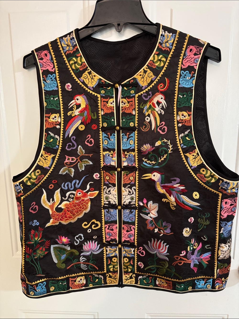 Gorgeous Embroidered Black Satin Mandarin Vest w/Colorful Asian Bird Fish Motifs